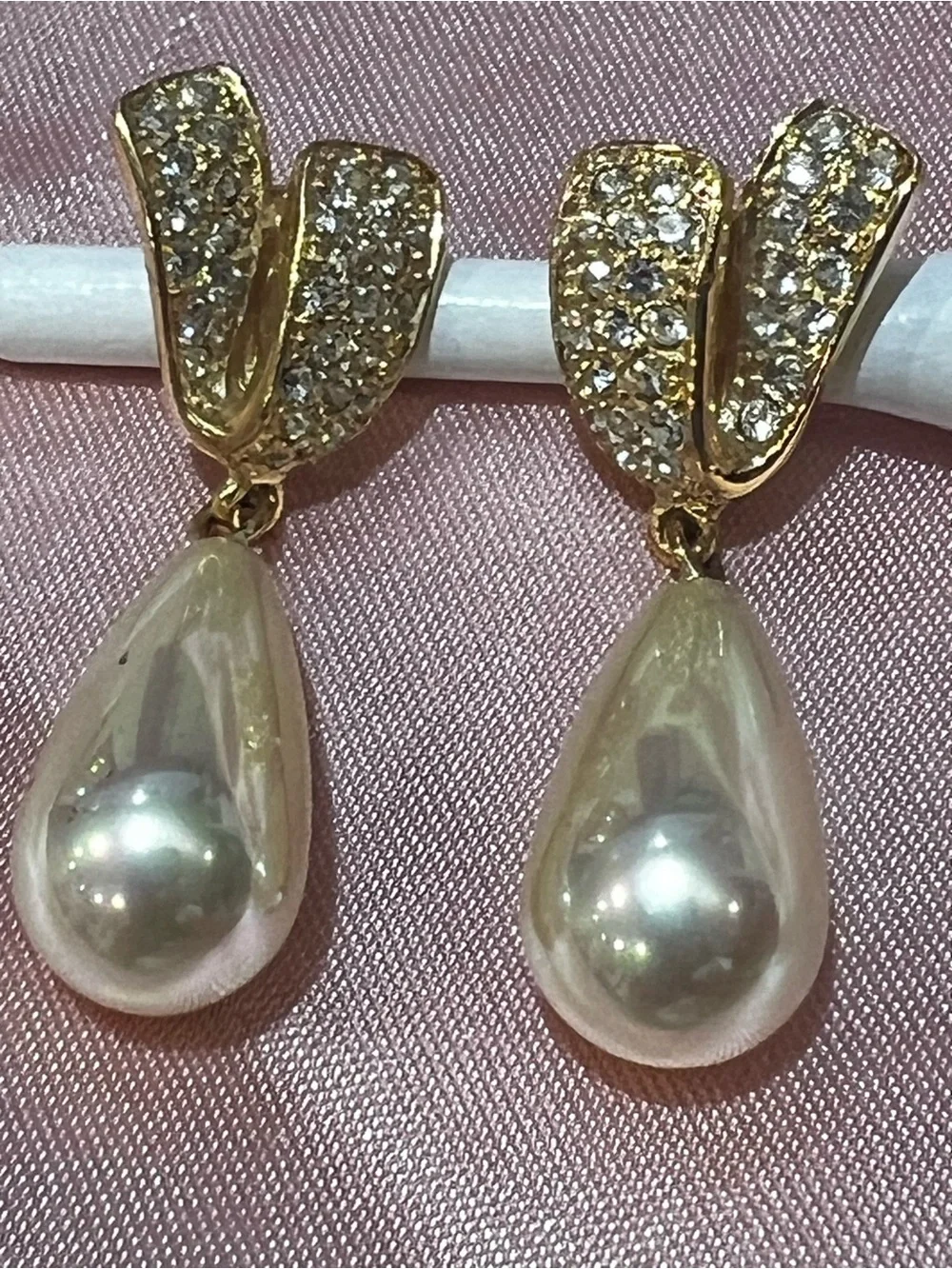 Gold-Tone Pearl Teardrop Drop Earrings with Crystal Accents